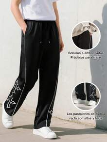 1 pieza Pantalones casuales para hombres con bordado de cruz, con cordón, ribete reflectante, adecuados para uso casual, playa, trabajo, entrenamiento, con ajuste recto relajado para primavera, verano, otoño, invierno, regalo para novio/esposo, regalo conmemorativo, para volver a la escuela - Negro - Ver 6