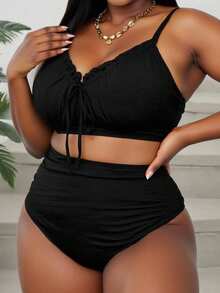 Slaydiva Conjunto de tankini de traje de baño con volantes en el borde, tirantes con cordón y unicolor para mujer de talla grande - Negro - Ver 4