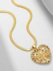 Stainless Steel Flat Chain Necklace With Crystal Tree Of Life Heart Design, Creative Vintage Minimalist Style Unisex Pendant Necklace, Suitable For Couples, Daily Wear, Work And Travel