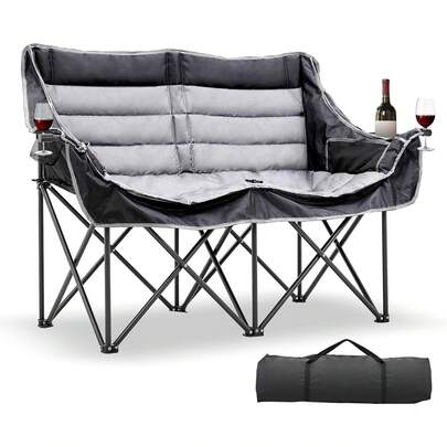Double Camping Chair - Oversized Loveseat, 2 Person Camping Chair For Adults Heavy Duty,Two Person Folding Chair With Cup Holder, Supports Up To 600 L