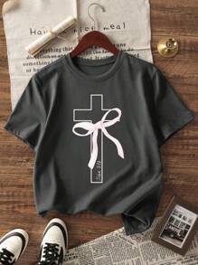 1pc Tween Girl Casual Graphic Print Crew Neck Short Sleeve T-Shirt, Summer Student - Artistic Design Tee Inspiring Imagination & Self-Expression