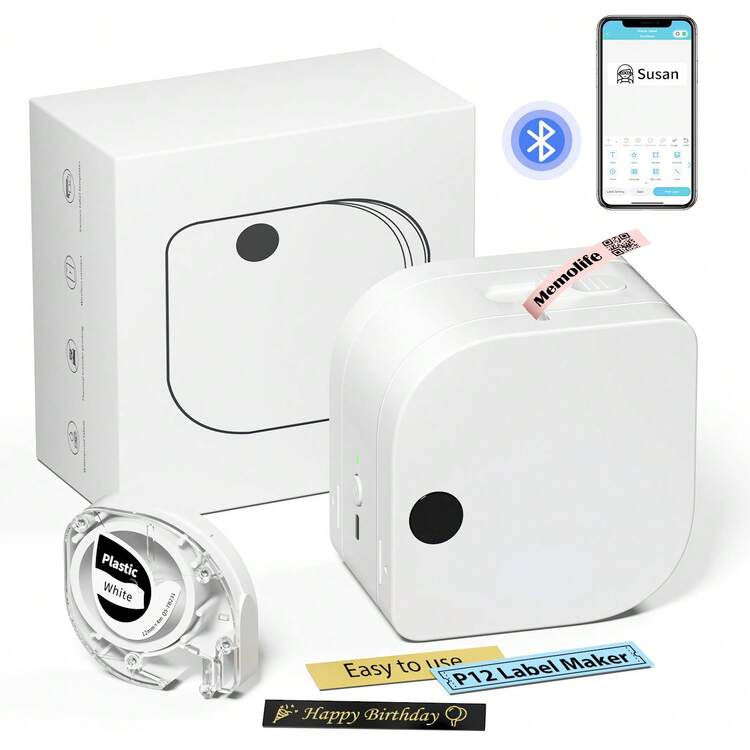 Phomemo P12 Label Maker Machine With 1 Tape, Bluetooth Small Thermal Label Printer With Multiple Templates Mini Label Maker For Home, Kitchen, Organization, Office - White - View 1