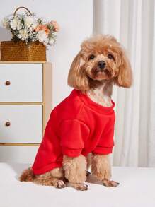 1 件宠物圆领运动衫，宠物用品狗猫秋冬保暖服装，毛绒柔软舒适服装，休闲家居服动物装，可爱有趣的卡通狗猫衣服 - 紅色 - 查看 3