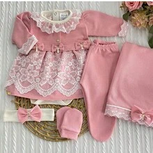 Conjunto Bebê Recém-Nascido 6 Peças Tricot com Vestido e Luvas