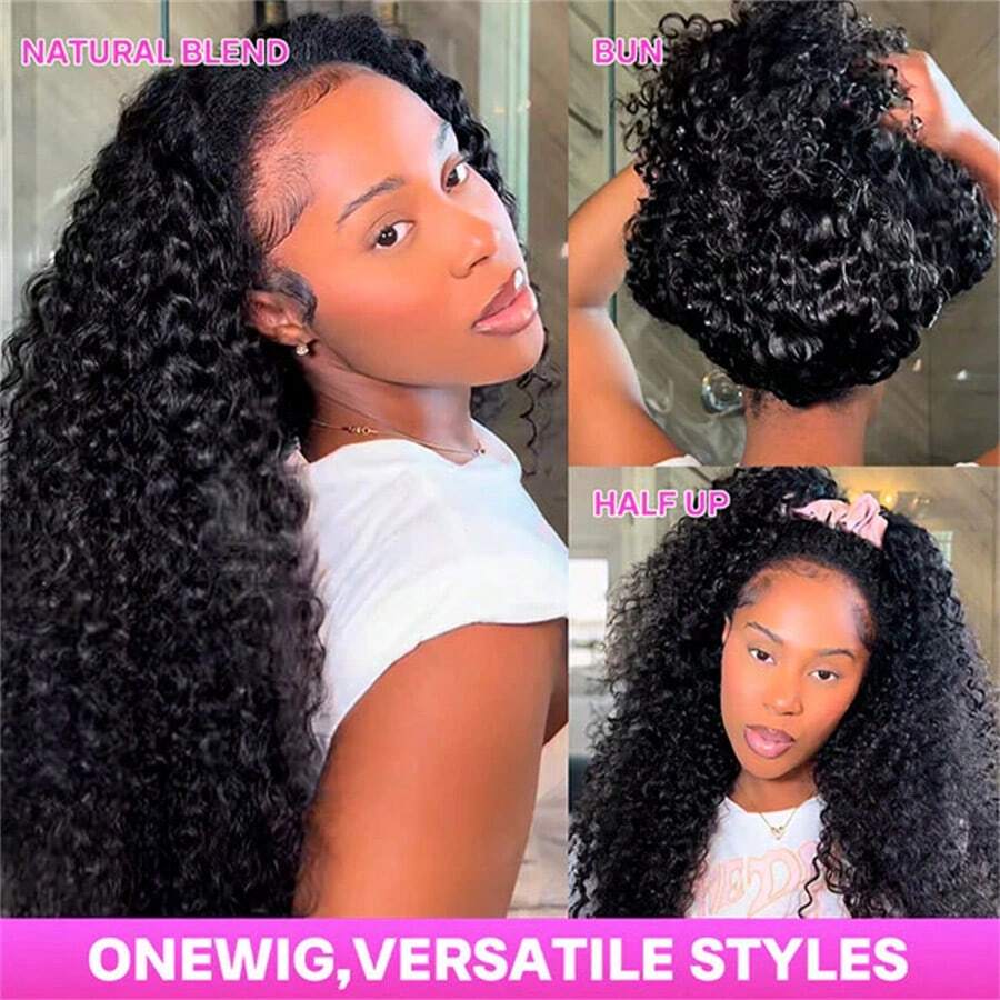 Drawstring Kinky Curly Half Wig Full Machine Made Natural Hairline 200% Density Blend With Natural Hair Glueless Jerry Curly Human Hair Wigs Full Density - Natural Black - 查看 1