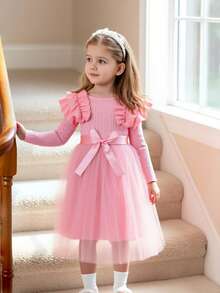 Toddler Girls' Long Sleeve Round Neck Frill Trim Ribbed Contrast Mesh Dress, Sweet & Cute, Versatile For Autumn/Winter - Pink - View 10
