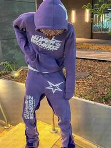 Star Letter Print Hooded Sweater Men's And Women's European And American Hip-Hop Sweatshirt Loose Coat - 紫色 - 查看 2