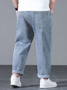 Men's Plus Size Jeans With Beard Details, Basic Style, Slightly Elastic, Slim Fit, Blue, Casual And Simple, Suitable For Daily Wear, Men's Jeans, Men's Pants, Men's Blue Pants, Plus Size - Màu xanh nhạt - Xem 2