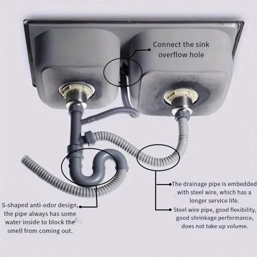 双槽厨房水槽排水系统，蔬菜清洗盆排水管，水槽排水管，塑料排水软管，适用于浴室和厨房水槽 - 彩色 - 查看 1