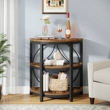 LITTLE TREE Half Round Side Table, 3-Tier End Table, Narrow Side Table With Metal Frame, Small Coffee Table Nightstand For Living Room, Bedroom - Rustic Brown - 查看 6