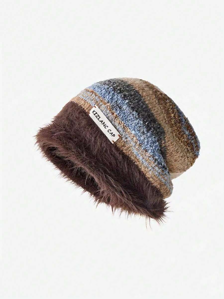 1顶女士保暖带内衬复古针织字母休闲帽，秋冬季 - 彩色 - 查看 1