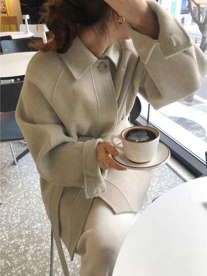 女士纯色系带羊毛大衣（带腰绳），长款，冬季