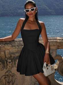 全白露背街头性感露背连衣裙度假A字下摆修身荷叶边下摆连衣裙 - 黑色 - 查看 1