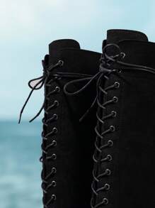 Botas altas negras de motocicleta para mujer, botas altas con tacón grueso plano, con cremallera lateral, punta redonda y cordones, pierna delgada, botas de montar elegantes y de moda para tallas grandes, nuevas llegadas para otoño/invierno 2025