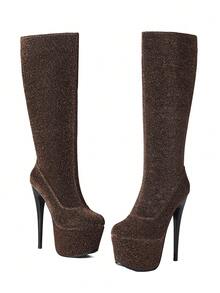 New Women's Fashion Glitter Over-The-Knee Boots, Super High Heel Waterproof Platform, Solid Color Long Boots For Party & Stage, Plus Size