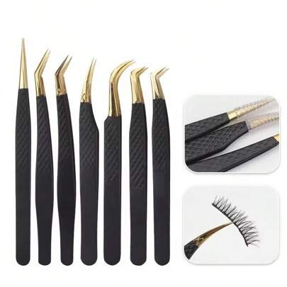 MyAoKuE-Up Eyelash Tweezer Black Stainless Steel Superhard Precision Anti-Static Tweezers Grafting Lashes Extension Supplies Makeup Tools