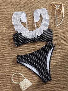 Women's Sexy Fashion Black 2-Piece Swimsuit, Ruffle Trim Design, Perfect For Summer Beach Vacation, Bikini Set With Random Print Pattern - Black - View 2