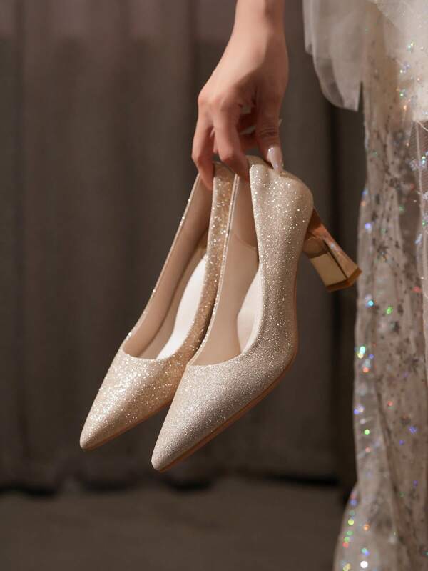 Champagne Pointed Toe Glitter Design Pumps, Bridal Wedding Shoes, Thick Heel High Heels, Comfortable Bridesmaid Shoes