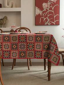 1pc Bohemian Style Decorative Tablecloth, Red Geometric Square Jacquard Tablecloth With Shell Embroidery Lace Trim, Rectangular Table Cloth Suitable For Christmas, Party, Wedding, Home Decor, Vintage Style (Slight Color Difference) - Multicolor - View 10