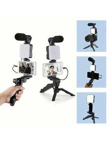 Supporto per fotocamera di telefono cellulare con luce LED rotante, mini microfono a fucile, supporto per telefono cellulare e treppiede pieghevole, stabilizzatore selfie portatile, supporto intelligente regolabile per interviste Vlog, kit di illuminazione live streaming LED - Treppiede da tavolo multifunzione in ABS, nero, treppiede portatile con altezza regolabile, design portatile a mano, perfetto per selfie, video e live streaming