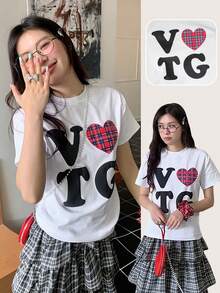 Back To School Cute Heart & Letter Print Casual Round Neck Short Sleeve T-Shirt For Women, Spring/Summer White - White - View 7