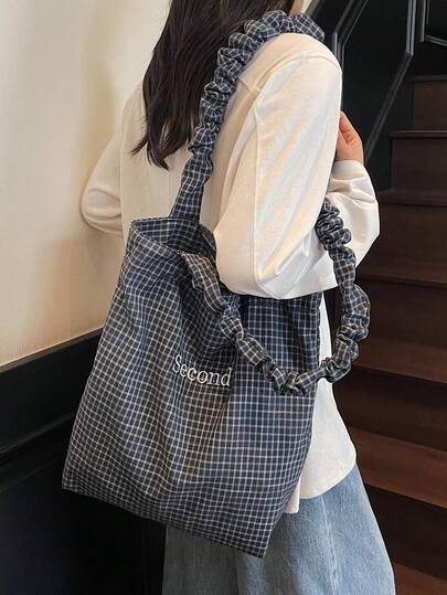 新作カジュアルファッションチェック柄トートバッグ、プリーツストラップ、韓国風ルーズレタリングハンドバッグ、折りたたみ大容量ショルダーバッグ 大学、ショッピング、旅行に