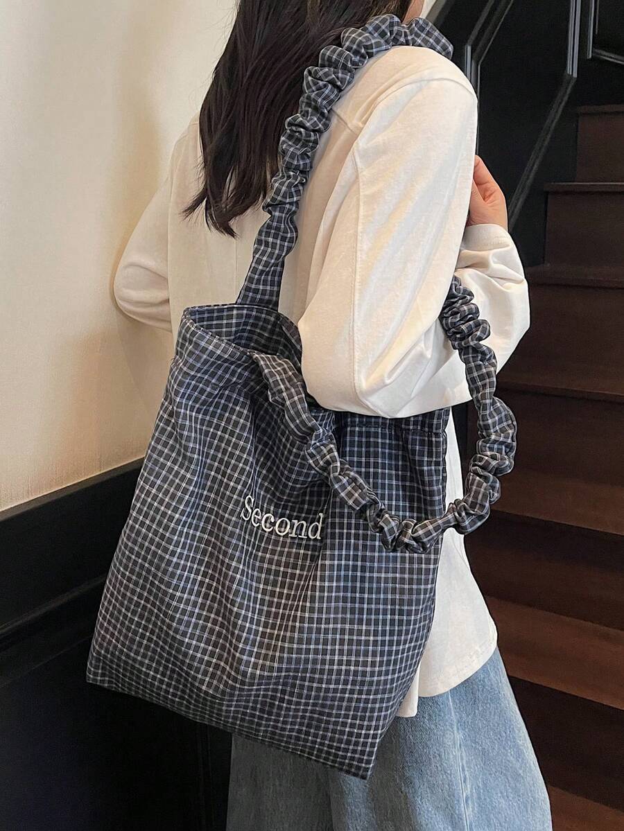 New Casual Fashion Plaid Tote Bag, Pleated Strap, Korean Style Loose Lettering Handbag, Foldable Large Capacity Shoulder Bag For University, Shopping, Travel , Office Bag