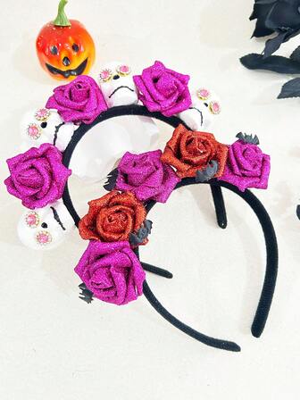 1pc Women's Halloween Purple & Red Glitter Rose Flower, Diamond Skull & Bat Decor Headband, Casual Vintage Sexy Party