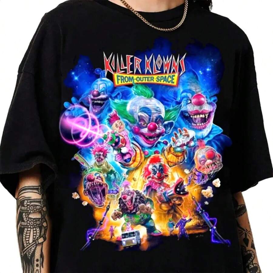 Killer Klowns From Outer Space T-Shirt, Horror Movie Poster T Shirt, Gift For Her, Gift For Him, Clown Horror Movie Fan Shirt, Stylized Horror Movie Graphic Tee.3 - 主圖顏色 - 查看 1
