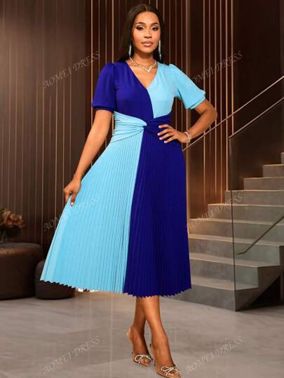 Robe plissée enveloppée élégante à col V et manches courtes pour femmes, style color block, coupe évasée, pour le travail et le bureau