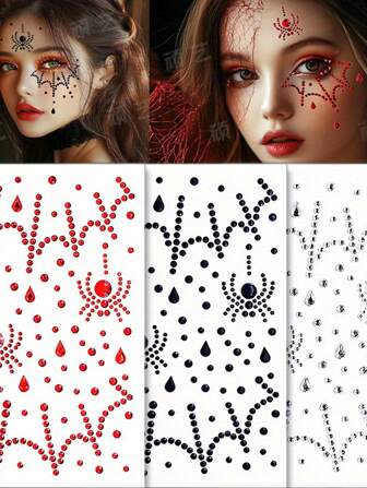 Christmas Makeup Facial Patch Diamonds, Christmas Luminous Facial Patches, Shiny 3D Facial Decoration Colored Diamonds, Spider Web-Like Facial Decoration Diamond Patches, Red, Black And White COS Small Diamonds