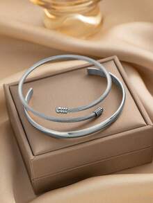 2 piezas de brazaletes ajustables de acero inoxidable, de moda y versátiles para fiestas, reuniones y uso diario - Amarillo Oro - Ver 2