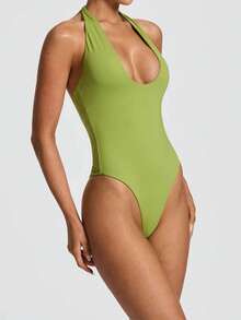 Two-Piece Halter Neck Swimsuit Skirt Set - màu xanh lá - Xem 3