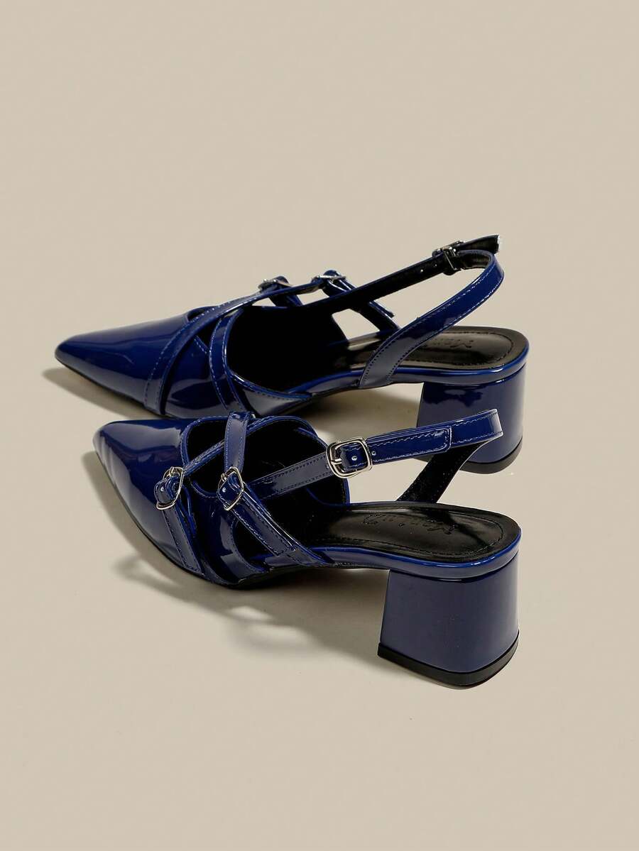 Women's Navy Blue Patent Leather Pointed Toe Single Strap Chunky Heel Pumps, Elegant Pointed Toe Formal High Heels, Fashionable Slingback High Heel Shoes - Royal Blue - View 1
