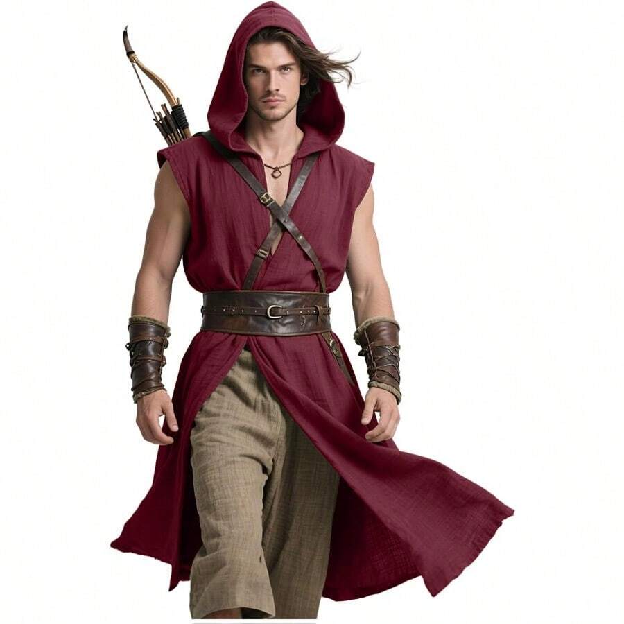 2025Joukavor Medieval Sleeveless Surcoat Renaissance Tabard For Men Halloween LARP - 酒紅色+中號 - 查看 1