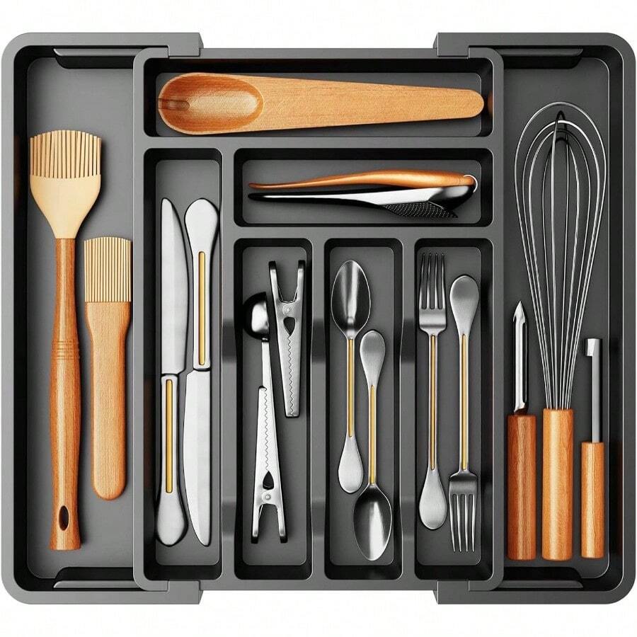 Silverware Drawer Organizer, Expandable BPAFree Kitchen Utensil Storage Tray For Forks, Spoons And, Black Plastic Cutlery Holder - màu đen - Xem 1