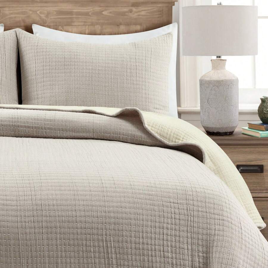LUSH DECOR Solid Kantha Pick Stitch Yarn Dyed Cotton Woven Quilt/Coverlet Light Gray/White 3Pc Full/Queen Halloween-Fall Decor-Room Decor - 中性色/白色 - 查看 1