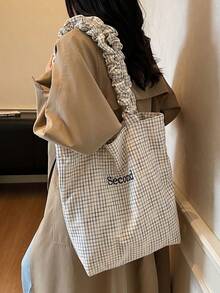 New Casual Fashion Plaid Tote Bag, Pleated Strap, Korean Style Loose Lettering Handbag, Foldable Large Capacity Shoulder Bag For University, Shopping, Travel , Office Bag - Multicolor - View 10