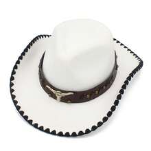 Retro Carnival Cowgirl Hat For Women Men Bull Head Leather Belt Wide Brim Western Cap - trắng - Xem 6