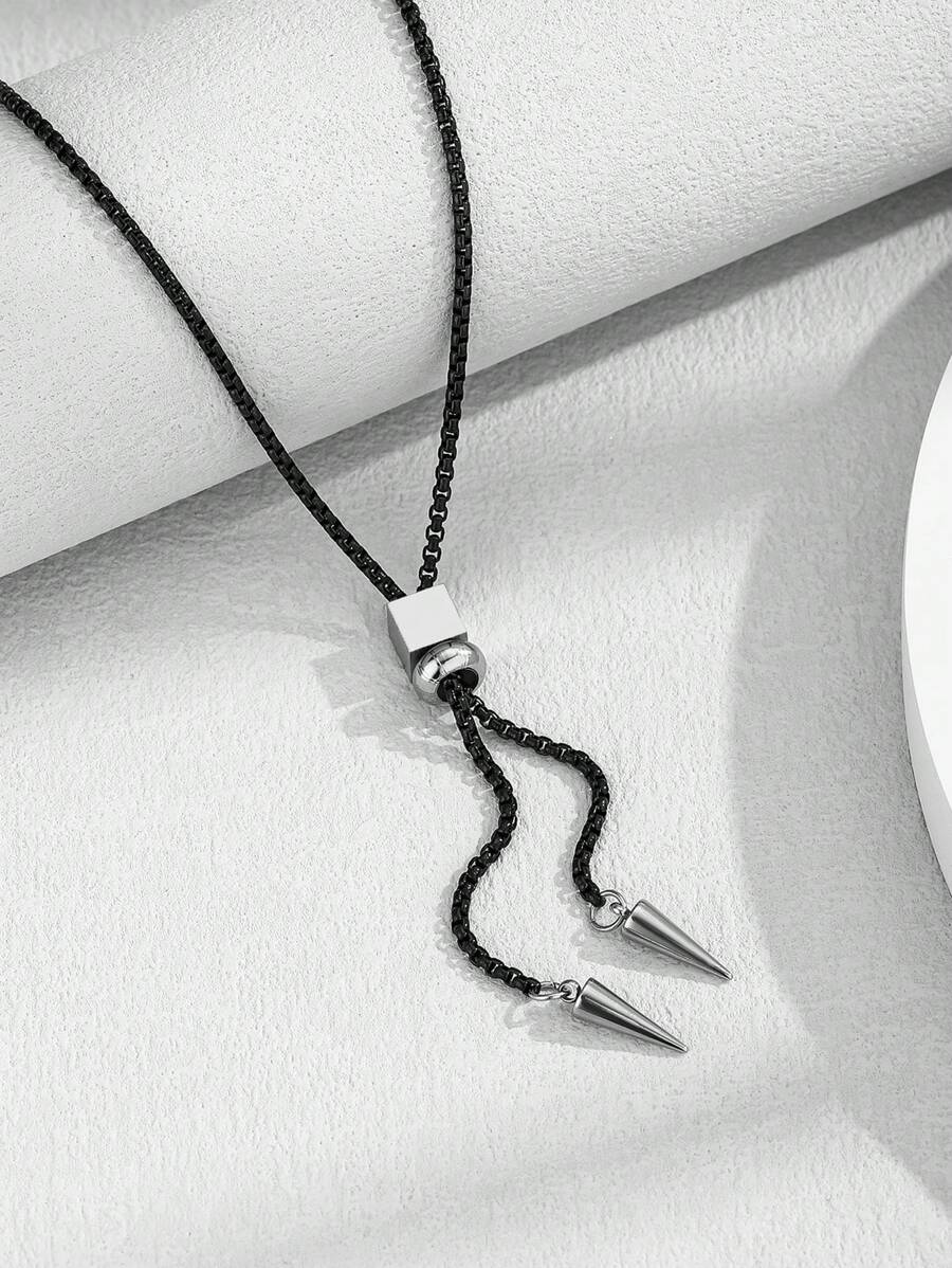 1 件男士不锈钢铆钉吊坠可调节项链 - 黑色 - 查看 1