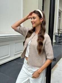 FOR BEAUTY Spring/Summer New Coffee Color Round Neck Short Sleeve Button Knit Top, Minimalist Elegant Commute Casual Cardigan, New Year - Brown - View 3