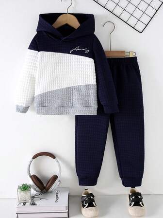 2pcs Young Boys' Colorblock Letter Embroidery Hoodie Sweatshirt And Solid Waffle Texture Casual Straight Pants Set, Autumn/Winter