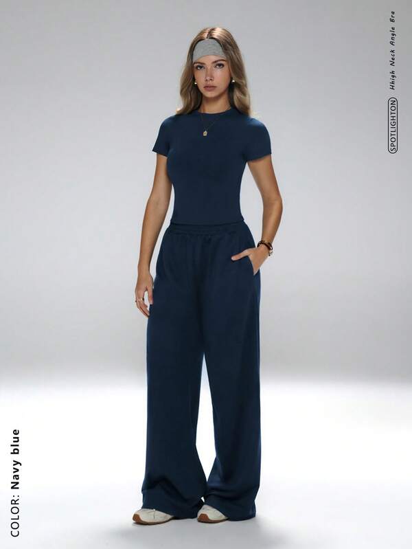 Versatile Twin Set,Flattering Silhouette,Coordinated Tee & Relaxed-Fit Pants,Leg-Lengthening Cut,All-Day Comfort,Minimalist Styling,#WeekendUniform #EffortlessChic,Basic Workout Set,Casual Lounge Two Pieces,Lengthening Wide-Leg Pants Set,Minimalist Activewear Coordinates,Essential Round-Neck Active Set