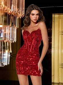 Elisanya 圣诞派对V领美人鱼迷你连衣裙，亮片鸡尾酒礼服，优雅性感正式礼服 - 紅色 - 查看 6