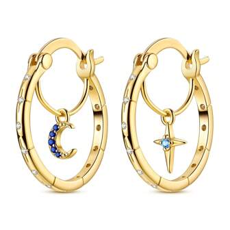 Asymmetriska ringörhängen - Silverpläterade med glänsande kubisk zirkonia, örhängen med sol- och månemönster