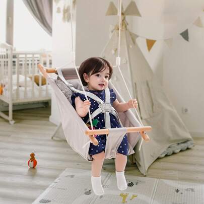 Canvas Hammock Swing, 3 Modes Baby Swing Indoor And Outdoor With 5-Point Harness,  And Tree Straps, 150lbs Weight Capacity, Integrated Cushion, Wooden Hanging Swing Seat For Baby To Toddler