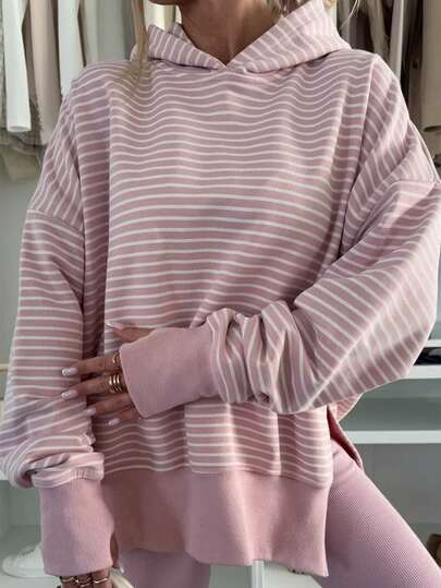 Cute Modest Pink Winter Elegant Striped Hoodie For Women Rib-Knit Long Sleeve Regular Length Knitted Sweatshirt