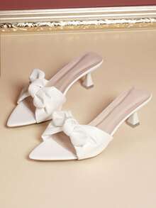 1 Pair Teenage Fashion Bowknot Pointed Toe Stiletto High Heel Slippers, Suitable For Outdoor Party And Gathering