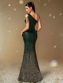 [Cắt ngẫu nhiên] Đầm dạ hội dài ôm eo, đính sequin lấp lánh, cổ lệch, thiết kế tua rua, trang trí bằng sequin, thích hợp cho tiệc tùng, đám cưới, sinh nhật, lễ phục tốt nghiệp, lễ phục trang trọng, học sinh, mùa xuân. - Màu xanh lá cây đậm - Xem 2