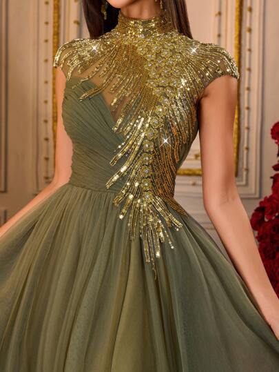 This Luxurious Olive Green High-Neck Sequin Chiffon Evening Gown Features A Thigh-High Slit, Elegant And Formal, Suitable For Galas, Formal Dinners, Red Carpet Events, And Other Occasions. It Can Also Be Worn As An A-Line Maxi Dress, Wedding Guest Dress, Pageant Gown, Formal Event Dress, Graduation Dress, Bridesmaid Dress, Or Other Special Occasion Chiffon Dress.